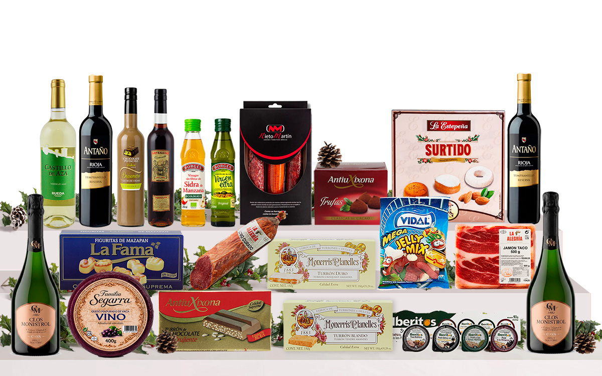 Lot nadalenc gourmet amb caves, vins, licor de xocolata i festuc, vermut, oli d'oliva, vinagre ecològic, embotits ibèrics, formatge, patés, torrons, massapà, dolços tradicionals i llaminadures, presentat en una caixa de cartró decorada.