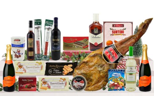 Lot nadalenc premium amb espatlla curada, cava, vi, whisky, vermut, embotits ibèrics, torrons, bombons, dolços tradicionals i llaminadures, presentat en una caixa de cartró decorada amb nansa.