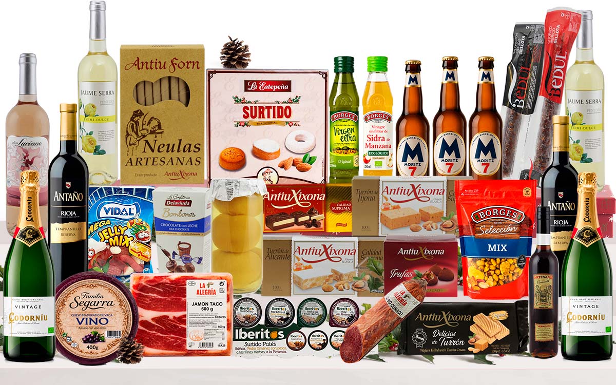 Lot nadalenc gourmet amb cava, vins, vermut, cervesa, oli d'oliva, vinagre ecològic, formatge, embotits ibèrics, fruits secs, préssecs en almívar, torrons, neules, trufes, bombons, dolços tradicionals i llaminadures, presentat en una caixa de cartró decorada amb nansa.