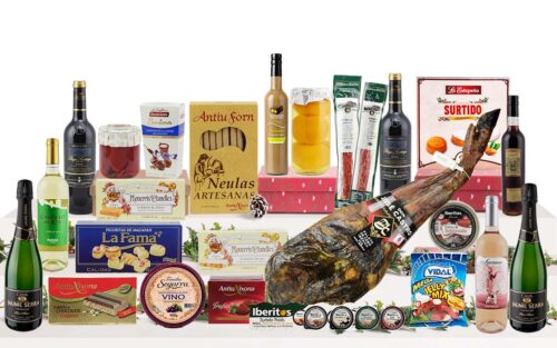 Lot gurmet de Nadal amb espatlla ibèrica de Salamanca, caves, vins, licors, embotits ibèrics, formatge, conserves, torrons, dolços tradicionals, llaminadures i caixa decorativa amb nansa.