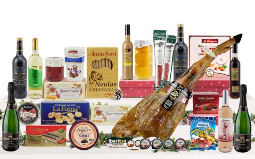 Lot gurmet de Nadal amb pernil ibèric d'engreix de Salamanca, caves, vins, licors, embotits ibèrics, formatge, conserves, torrons, dolços tradicionals, llaminadures i caixa decorativa amb nansa.