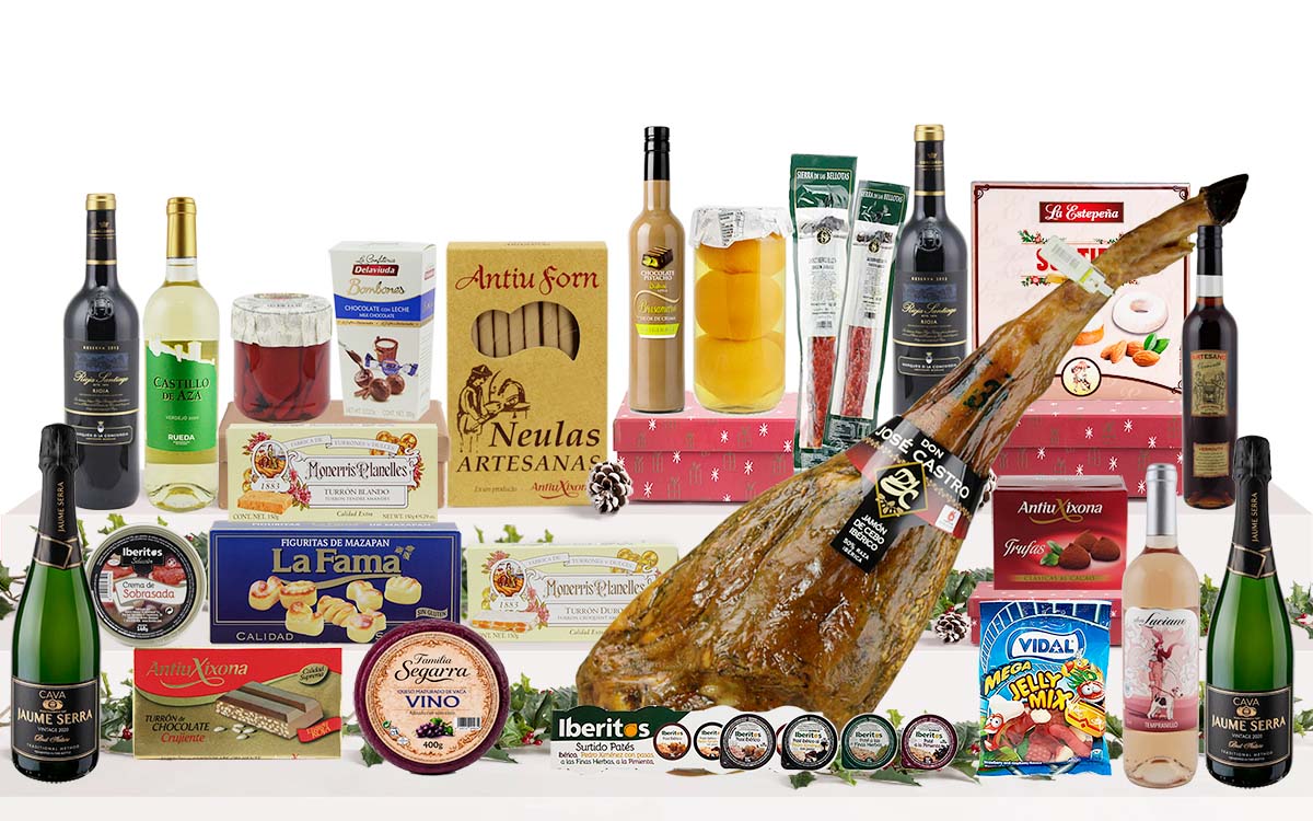 Lot gurmet de Nadal amb pernil ibèric d'engreix de Salamanca, caves, vins, licors, embotits ibèrics, formatge, conserves, torrons, dolços tradicionals, llaminadures i caixa decorativa amb nansa.