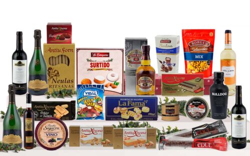 Lot gurmet de Nadal amb cava reserva, vins, whisky, ginebra premium, vermut, embotits ibèrics, formatge, fruits secs, torrons, dolços tradicionals i caixa decorativa.