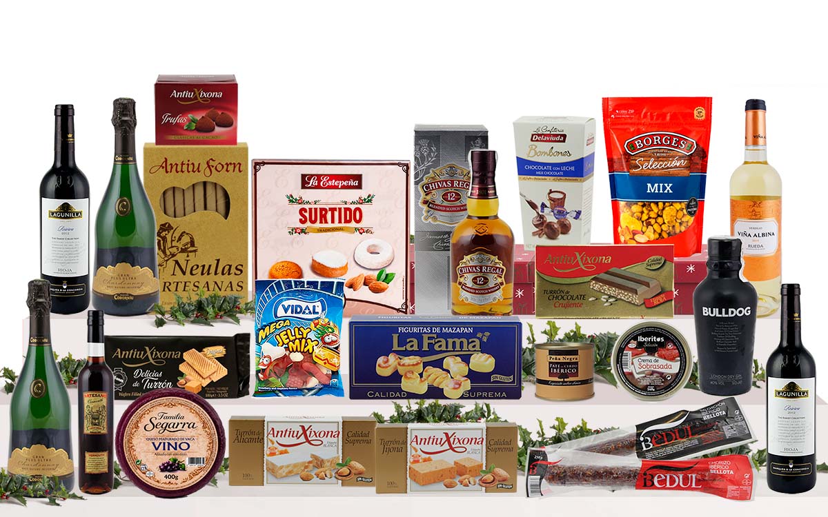 Lot gurmet de Nadal amb cava reserva, vins, whisky, ginebra premium, vermut, embotits ibèrics, formatge, fruits secs, torrons, dolços tradicionals i caixa decorativa.