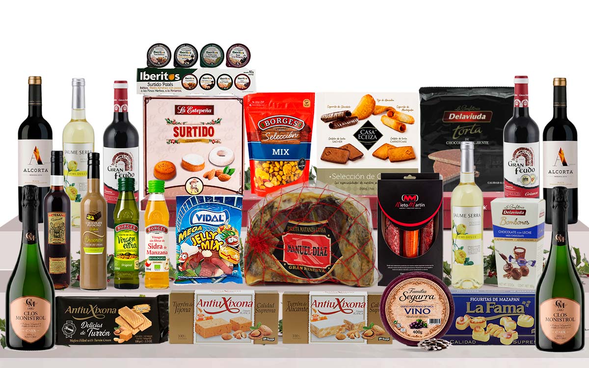 Lot gurmet de Nadal amb mitja espatlla ibèrica d'engreix, caves, vins, licor, vermut, embotits ibèrics, formatge, oli d'oliva verge extra, fruits secs, torrons i dolços tradicionals.