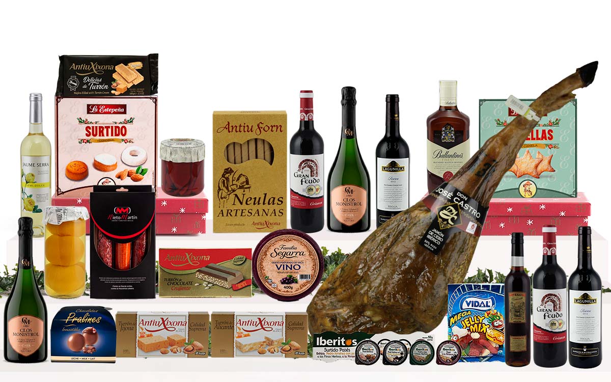 Lot gurmet de Nadal amb pernil ibèric d'engreix de Salamanca, caves, vins, whisky, vermut, embotits ibèrics, formatge, conserves, torrons, dolços tradicionals i caixa decorada amb nansa.