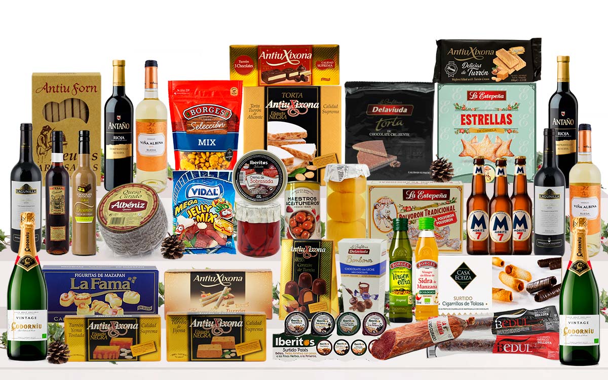 Lot gurmet de Nadal amb caves, vins, licor, vermut, cerveses, embotits ibèrics, formatge curat, conserves, oli d'oliva, torrons premium, dolços tradicionals i caixa decorada amb nanses.