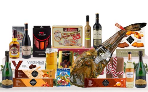 Lot gurmet de Nadal amb espatlla ibèrica de gla de Salamanca, cava Gran Plus Ultra Reserva, vins Gran Reserva, whisky, licor, embotits ibèrics, torrons artesans, dolços tradicionals i caixa decorada amb nansa.