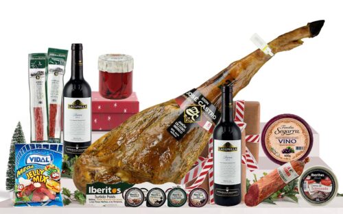 Lot gurmet amb pernil ibèric d'engreix de Salamanca, vi Rioja Reserva, embotits ibèrics, llom curat, formatge, patés, crema de sobrassada i caixa decorada amb nansa.