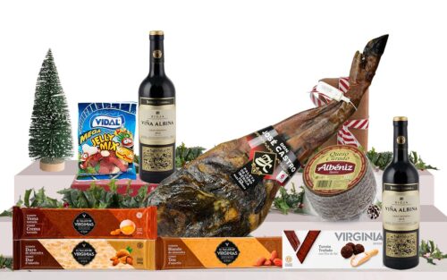 Lot gurmet de Nadal amb espatlla ibèrica d'engreix de Salamanca, vi Gran Reserva, assortiment d'ibèrics, formatge curat, torrons artesans i caixa decorada amb nansa.