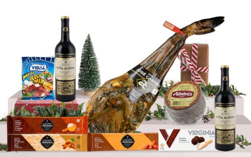 Lot gurmet de Nadal amb espatlla ibèrica de gla de Salamanca, vi Gran Reserva, assortiment d'ibèrics, formatge curat, torrons artesans i caixa decorada amb nansa.
