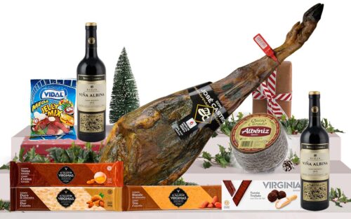 Lot gurmet de Nadal amb pernil ibèric de gla de Salamanca, vi Gran Reserva, assortiment d'ibèrics, formatge curat, torrons artesans i caixa decorada amb nansa.