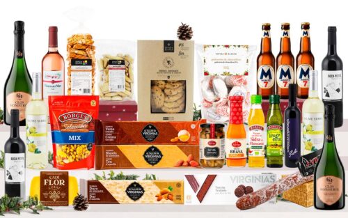 Lot gurmet de Nadal amb cava, vins de l'Empordà i del Penedès, garnatxa de l'Empordà, cerveses, oli d'oliva verge extra, formatge, fuet, fruits secs, torrons artesans i caixa decorada amb nansa.